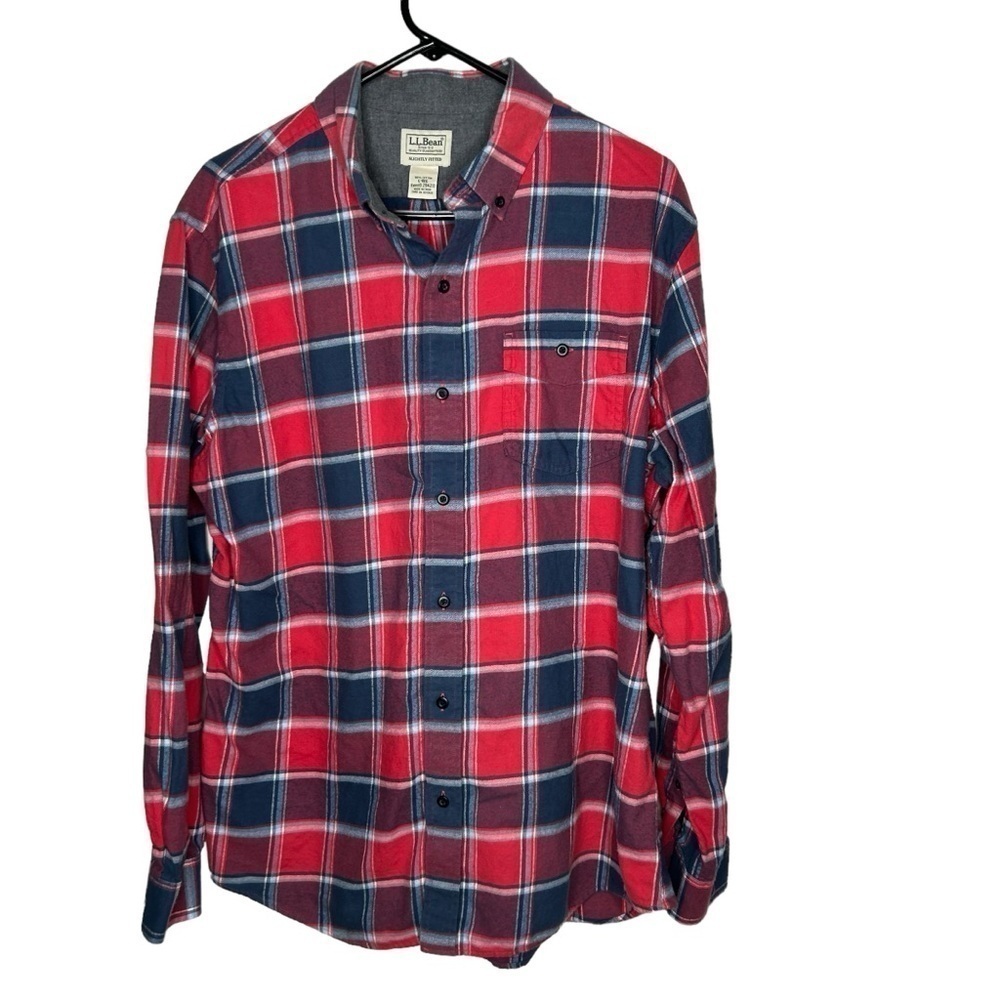 Ll Bean Men Button Front Slightly Fitted Flannel Plaid Pink Blue L 100% Cotton